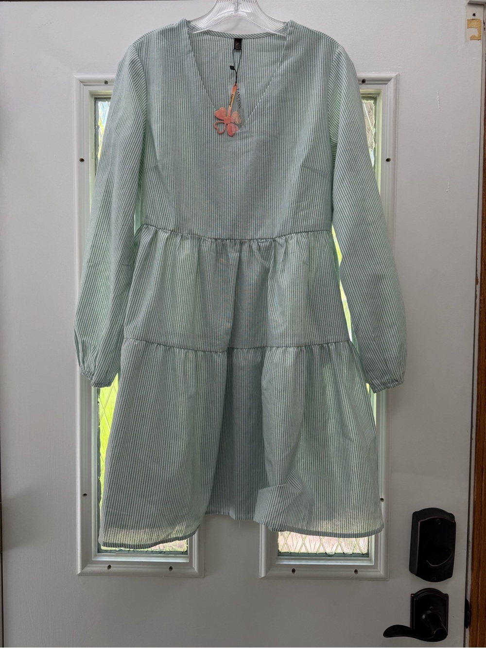 Fancyinn Light Green Striped Tiered Long-Sleeve Dress